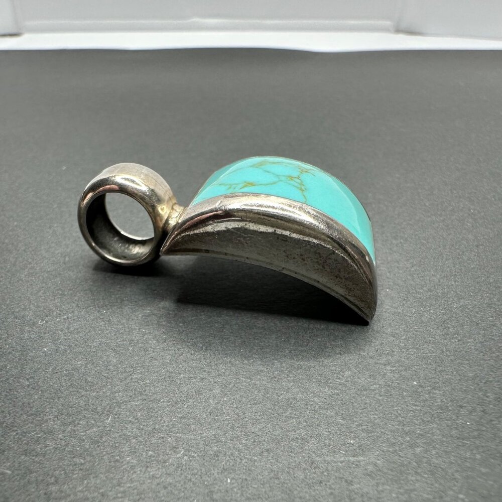 Sterling 925 Silver Turquoise Inlay Curved Necklace Pendant 16g Boho Southwest - Picture 5 of 9